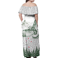 New Zealand Kea Bird Family Matching Off Shoulder Maxi Dress and Hawaiian Shirt Maori Tattoo and Silver Fern Green Color