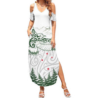 New Zealand Kea Bird Family Matching Summer Maxi Dress and Hawaiian Shirt Maori Tattoo and Silver Fern Green Color LT03 Mom's Dress White - Polynesian Pride