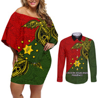 Papua New Guinea Eastern Highlands Province Couples Matching Off Shoulder Short Dress and Long Sleeve Button Shirts PNG Birds Of Paradise Polynesian Arty Style LT03 Green - Polynesian Pride