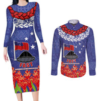 FAST Party Samoa Couples Matching Long Sleeve Bodycon Dress and Long Sleeve Button Shirt Ula Fala Teuila Polynesian Tapa Pattern LT03 Blue - Polynesian Pride