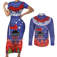 FAST Party Samoa Couples Matching Short Sleeve Bodycon Dress and Long Sleeve Button Shirt Ula Fala Teuila Polynesian Tapa Pattern LT03 Blue - Polynesian Pride