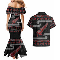 New Zealand Christmas Couples Matching Mermaid Dress and Hawaiian Shirt Meri Kirihimete Silver Fern Knit Style Red Color - Polynesian Pride