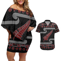 New Zealand Christmas Couples Matching Off Shoulder Short Dress and Hawaiian Shirt Meri Kirihimete Silver Fern Knit Style Red Color - Polynesian Pride