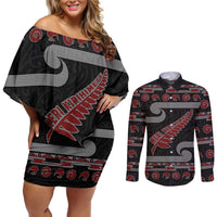 New Zealand Christmas Couples Matching Off Shoulder Short Dress and Long Sleeve Button Shirt Meri Kirihimete Silver Fern Knit Style Red Color - Polynesian Pride