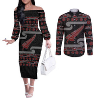 New Zealand Christmas Couples Matching Off The Shoulder Long Sleeve Dress and Long Sleeve Button Shirt Meri Kirihimete Silver Fern Knit Style Red Color - Polynesian Pride