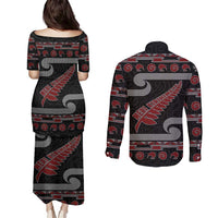New Zealand Christmas Couples Matching Puletasi and Long Sleeve Button Shirt Meri Kirihimete Silver Fern Knit Style Red Color - Polynesian Pride