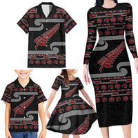 New Zealand Christmas Family Matching Long Sleeve Bodycon Dress and Hawaiian Shirt Meri Kirihimete Silver Fern Knit Style Red Color - Polynesian Pride