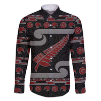 New Zealand Christmas Family Matching Off The Shoulder Long Sleeve Dress and Hawaiian Shirt Meri Kirihimete Silver Fern Knit Style Red Color - Polynesian Pride
