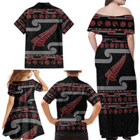 New Zealand Christmas Family Matching Off Shoulder Maxi Dress and Hawaiian Shirt Meri Kirihimete Silver Fern Knit Style Red Color - Polynesian Pride