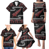 New Zealand Christmas Family Matching Puletasi and Hawaiian Shirt Meri Kirihimete Silver Fern Knit Style Red Color - Polynesian Pride