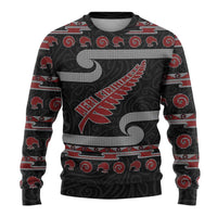 New Zealand Christmas Ugly Christmas Sweater Meri Kirihimete Silver Fern Knit Style Red Color - Polynesian Pride