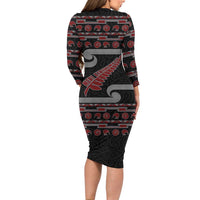 New Zealand Christmas Long Sleeve Bodycon Dress Meri Kirihimete Silver Fern Knit Style Red Color - Polynesian Pride