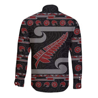 New Zealand Christmas Long Sleeve Button Shirt Meri Kirihimete Silver Fern Knit Style Red Color LT03 - Polynesian Pride