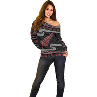 New Zealand Christmas Off Shoulder Sweater Meri Kirihimete Silver Fern Knit Style Red Color - Polynesian Pride