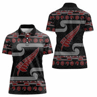 New Zealand Christmas Women Polo Shirt Meri Kirihimete Silver Fern Knit Style Red Color - Polynesian Pride