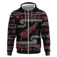 New Zealand Christmas Zip Hoodie Meri Kirihimete Silver Fern Knit Style Red Color LT03 Zip Hoodie Red - Polynesian Pride