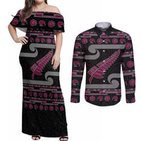 New Zealand Christmas Couples Matching Off Shoulder Maxi Dress and Long Sleeve Button Shirt Meri Kirihimete Silver Fern Knit Style Pink Color - Polynesian Pride