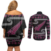 New Zealand Christmas Couples Matching Off Shoulder Short Dress and Long Sleeve Button Shirt Meri Kirihimete Silver Fern Knit Style Pink Color - Polynesian Pride