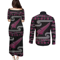 New Zealand Christmas Couples Matching Puletasi and Long Sleeve Button Shirt Meri Kirihimete Silver Fern Knit Style Pink Color - Polynesian Pride