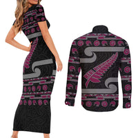 New Zealand Christmas Couples Matching Short Sleeve Bodycon Dress and Long Sleeve Button Shirt Meri Kirihimete Silver Fern Knit Style Pink Color - Polynesian Pride