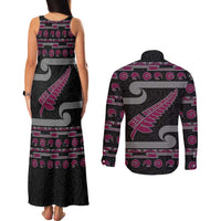 New Zealand Christmas Couples Matching Tank Maxi Dress and Long Sleeve Button Shirt Meri Kirihimete Silver Fern Knit Style Pink Color - Polynesian Pride