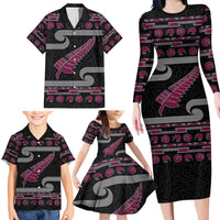 New Zealand Christmas Family Matching Long Sleeve Bodycon Dress and Hawaiian Shirt Meri Kirihimete Silver Fern Knit Style Pink Color - Polynesian Pride