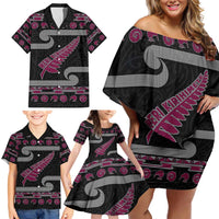 New Zealand Christmas Family Matching Off Shoulder Short Dress and Hawaiian Shirt Meri Kirihimete Silver Fern Knit Style Pink Color - Polynesian Pride