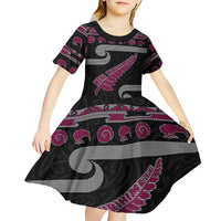 New Zealand Christmas Kid Short Sleeve Dress Meri Kirihimete Silver Fern Knit Style Pink Color - Polynesian Pride