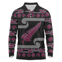 New Zealand Christmas Long Sleeve Polo Shirt Meri Kirihimete Silver Fern Knit Style Pink Color - Polynesian Pride