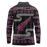 New Zealand Christmas Long Sleeve Polo Shirt Meri Kirihimete Silver Fern Knit Style Pink Color - Polynesian Pride
