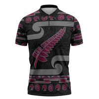 New Zealand Christmas Zipper Polo Shirt Meri Kirihimete Silver Fern Knit Style Pink Color - Polynesian Pride