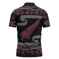 New Zealand Christmas Zipper Polo Shirt Meri Kirihimete Silver Fern Knit Style Pink Color - Polynesian Pride
