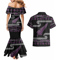 New Zealand Christmas Couples Matching Mermaid Dress and Hawaiian Shirt Meri Kirihimete Silver Fern Knit Style Purple Color - Polynesian Pride