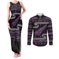 New Zealand Christmas Couples Matching Tank Maxi Dress and Long Sleeve Button Shirt Meri Kirihimete Silver Fern Knit Style Purple Color - Polynesian Pride