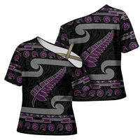 New Zealand Christmas Cross Shoulder Shirt Meri Kirihimete Silver Fern Knit Style Purple Color - Polynesian Pride