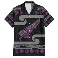 New Zealand Christmas Family Matching Off Shoulder Short Dress and Hawaiian Shirt Meri Kirihimete Silver Fern Knit Style Purple Color - Polynesian Pride