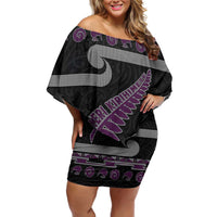 New Zealand Christmas Family Matching Off Shoulder Short Dress and Hawaiian Shirt Meri Kirihimete Silver Fern Knit Style Purple Color - Polynesian Pride