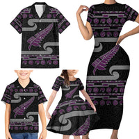 New Zealand Christmas Family Matching Short Sleeve Bodycon Dress and Hawaiian Shirt Meri Kirihimete Silver Fern Knit Style Purple Color - Polynesian Pride