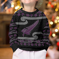 New Zealand Christmas Kid Ugly Christmas Sweater Meri Kirihimete Silver Fern Knit Style Purple Color LT03 - Polynesian Pride