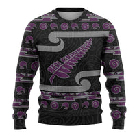 New Zealand Christmas Ugly Christmas Sweater Meri Kirihimete Silver Fern Knit Style Purple Color - Polynesian Pride