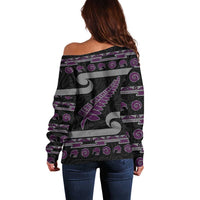 New Zealand Christmas Off Shoulder Sweater Meri Kirihimete Silver Fern Knit Style Purple Color - Polynesian Pride