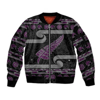 New Zealand Christmas Sleeve Zip Bomber Jacket Meri Kirihimete Silver Fern Knit Style Purple Color - Polynesian Pride