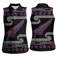 New Zealand Christmas Women Sleeveless Polo Shirt Meri Kirihimete Silver Fern Knit Style Purple Color - Polynesian Pride