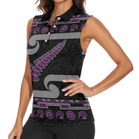 New Zealand Christmas Women Sleeveless Polo Shirt Meri Kirihimete Silver Fern Knit Style Purple Color - Polynesian Pride