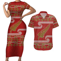 New Zealand Christmas Couples Matching Short Sleeve Bodycon Dress and Hawaiian Shirt Meri Kirihimete Silver Fern Knit Style Green Color - Polynesian Pride