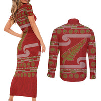 New Zealand Christmas Couples Matching Short Sleeve Bodycon Dress and Long Sleeve Button Shirt Meri Kirihimete Silver Fern Knit Style Green Color - Polynesian Pride