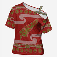 New Zealand Christmas Cross Shoulder Shirt Meri Kirihimete Silver Fern Knit Style Green Color - Polynesian Pride