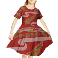 New Zealand Christmas Kid Short Sleeve Dress Meri Kirihimete Silver Fern Knit Style Green Color - Polynesian Pride