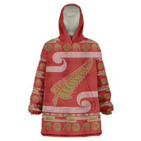 New Zealand Christmas Wearable Blanket Hoodie Meri Kirihimete Silver Fern Knit Style Green Color - Polynesian Pride