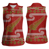 New Zealand Christmas Women Sleeveless Polo Shirt Meri Kirihimete Silver Fern Knit Style Green Color - Polynesian Pride